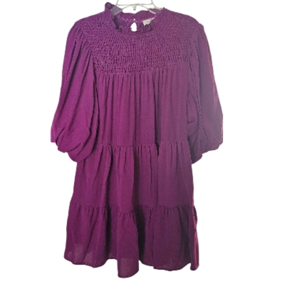 Women's Medium Purple Magenta Entro Lined Baby Doll Dress Midi 3/4 Sleeve EUC